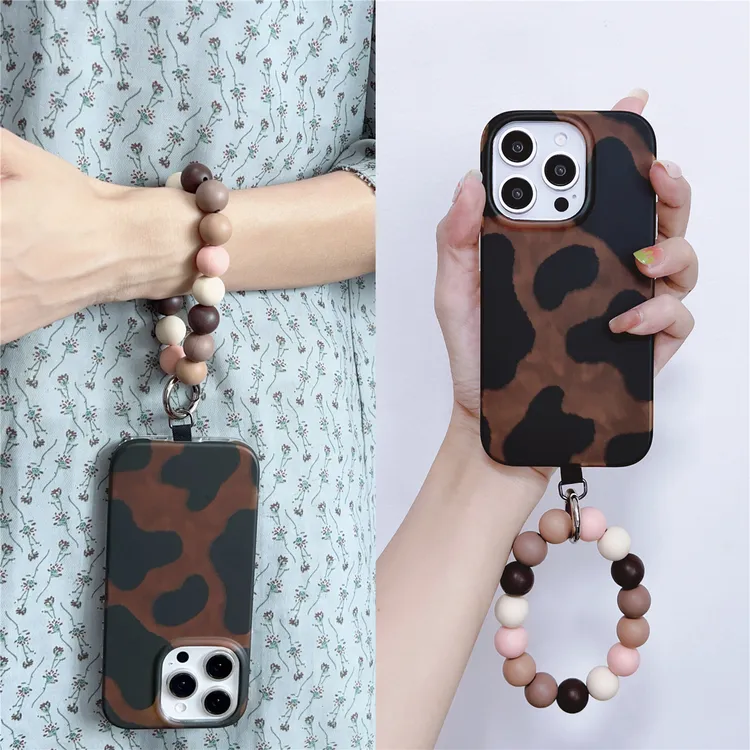 复古咖色豹纹撞色手拎串珠适用iphone17pro手机壳苹果16女款15/14