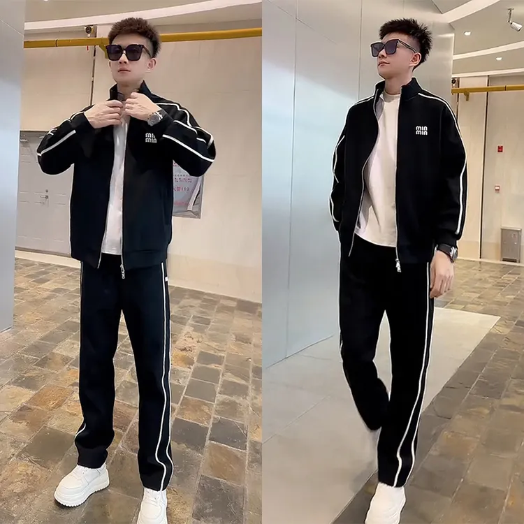 春秋季时尚简约休闲套装男士百搭帅气侧边织带立领外套卫裤两件套