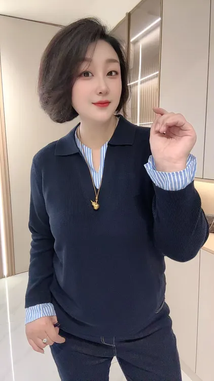 【聪姐推荐】8579韩范个性衬衫拼接假两件针织衫（衣长65，胸围120）
