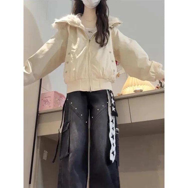 日系小个子复古杏色棉服外套冬季高级设计感牛仔裤宽松百搭套装女