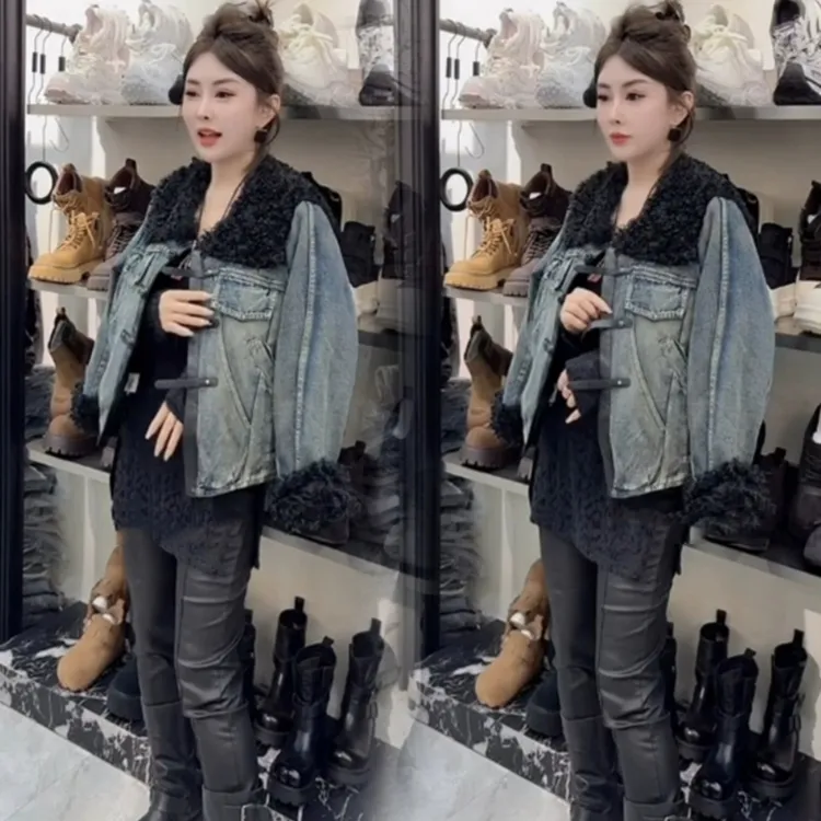 派克服上衣女2025冬季新款高级感港风加绒加厚短款水洗牛仔外套潮