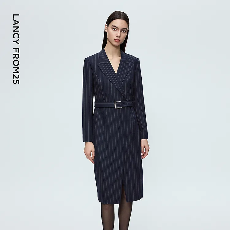 朗姿时尚高智感西装连衣裙女条纹绵羊毛高级裙子女2025年冬季新款