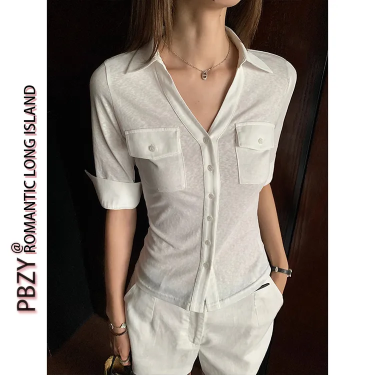 休闲高智感中袖衬衫女修身翻领上衣2025夏季新款短款小衫 9113#