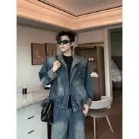 YOUNG水洗拼色重工条纹口袋垫肩牛仔男外套拼接压折套装(509)