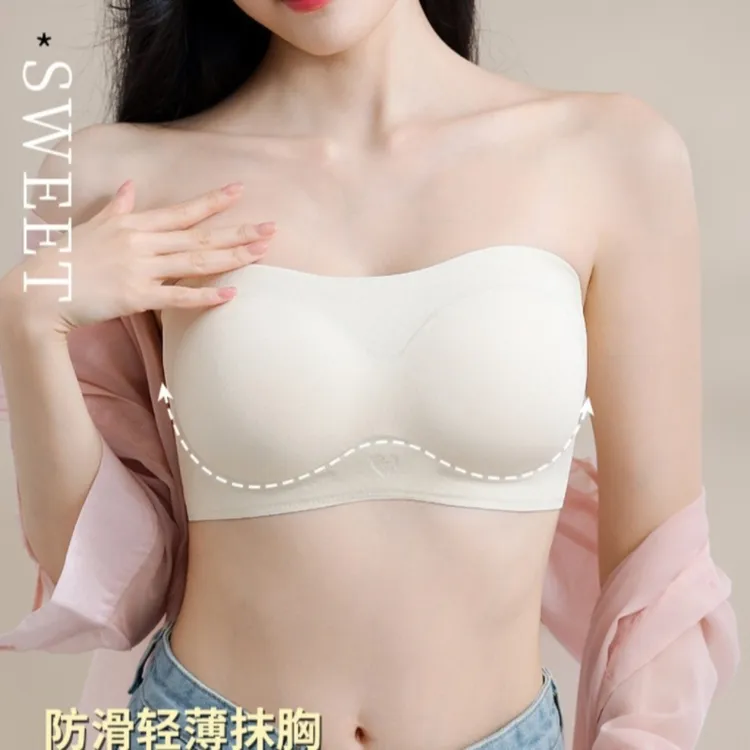 粉底液无肩带内衣女小胸聚拢防滑抹胸薄款隐形无痕裹胸无钢圈文胸