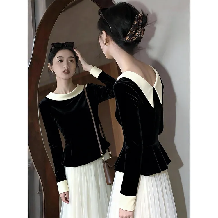 法式名媛绝美撞色丝绒打底衫女内搭秋冬高级气质收腰长袖上衣