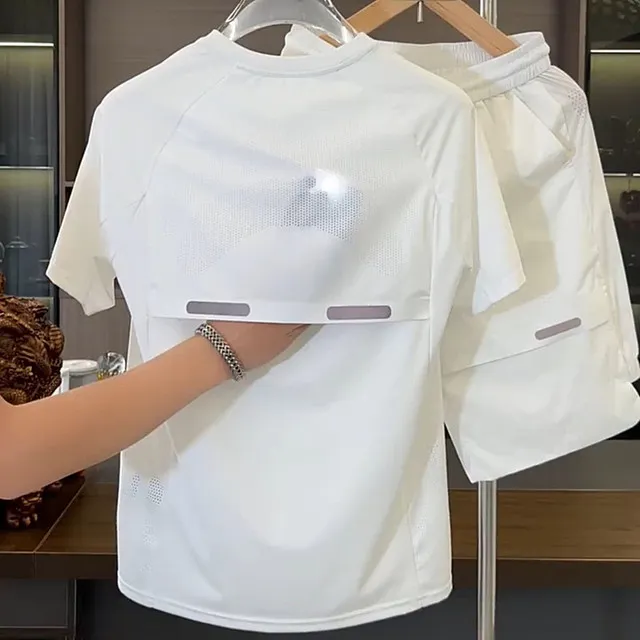 夏季时尚透气速干休闲运动套装男冰丝弹力潮流百搭短袖短裤两件套