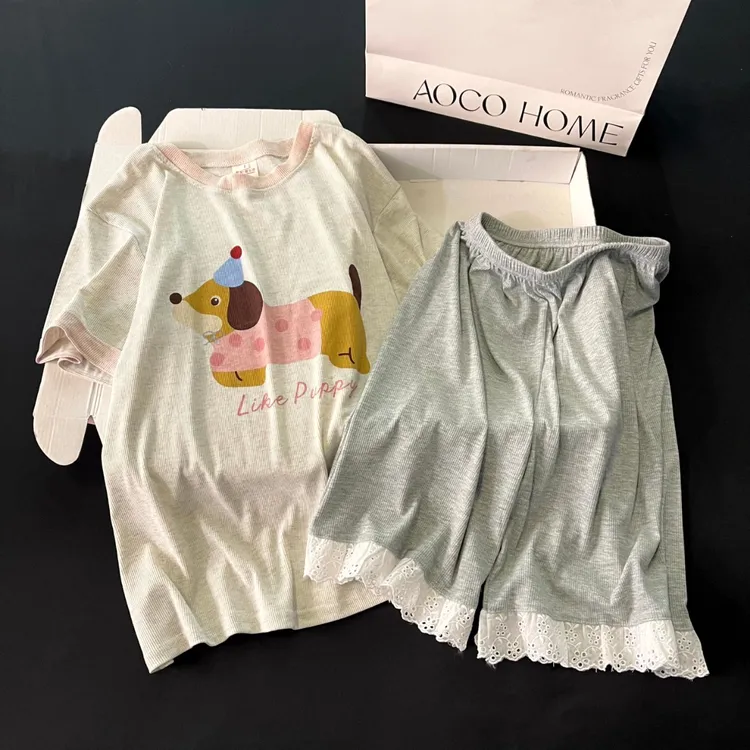 网红风短袖睡衣女士夏季可外穿2025新款凉感时尚圆点狗家居服套装