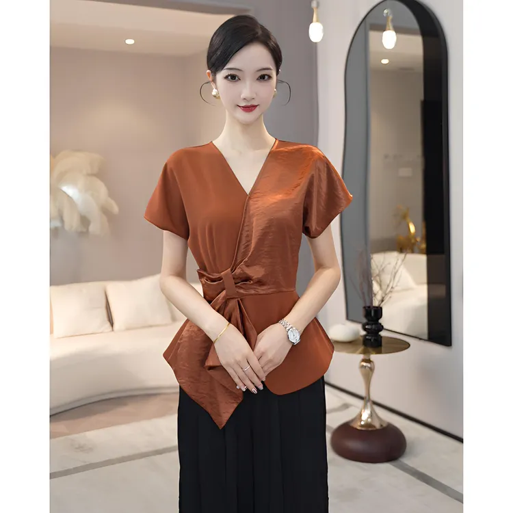 唐熹2025年夏季新款【ZM-X808】高级感女装V领短袖橙色缎面衬衫上衣