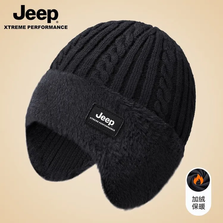 JEEP/吉普帽子老年冬季男毛线帽男士防风防寒户外休闲加厚加绒
