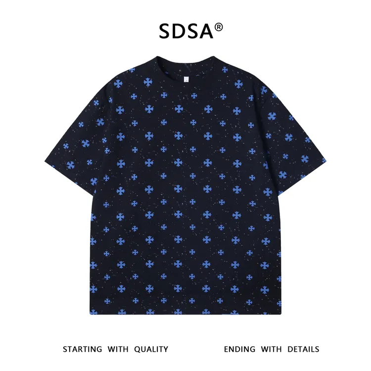 夏季高级感新款美式撞色满印十字印花短袖T恤泼墨圆领宽松上衣