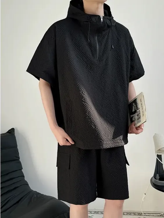 【连帽情侣套装】夏季新款宽松百搭潮男短袖T恤套装男女同款