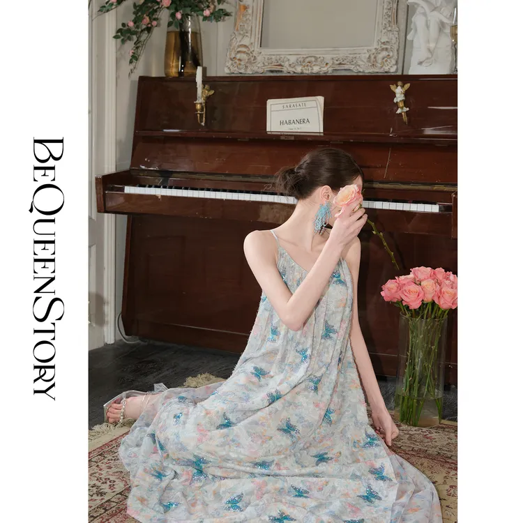 余潇潇【莫奈蝴蝶】2025新款剪花拉毛叠加亮片蝴蝶绣花连衣裙