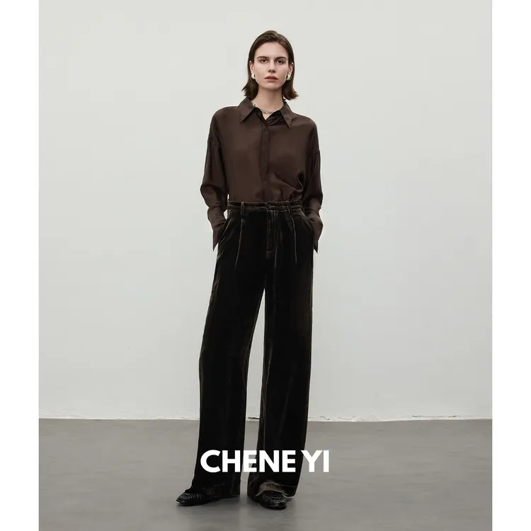 CHENE YI 万事利棕咖色真丝丝绒慵懒氛围感复古单褶西裤休闲长裤