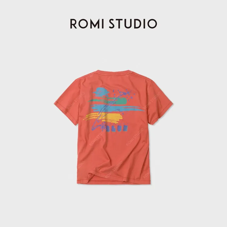 ROMI STUDIO“Vintage系列”炒色做旧棉复古印花撞色T恤 RWDASY4274
