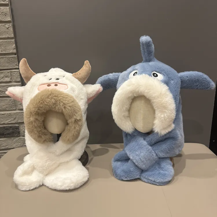 儿童帽子毛绒围脖一体帽子宝宝加绒加厚保暖防风护耳帽围巾两件套