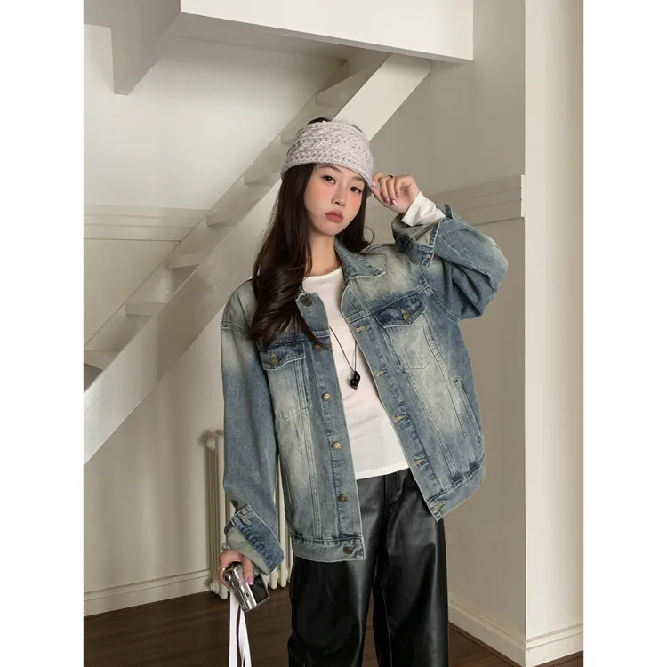 衣天堂 欧美复古男友风做旧磨破牛仔外套女 宽松显瘦慵懒感外套