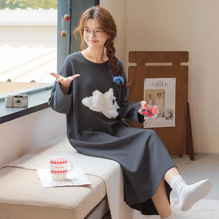 黛梦思睡衣带胸垫印花舒适休闲甜美睡裙卡通家居服春秋季纯棉拉架