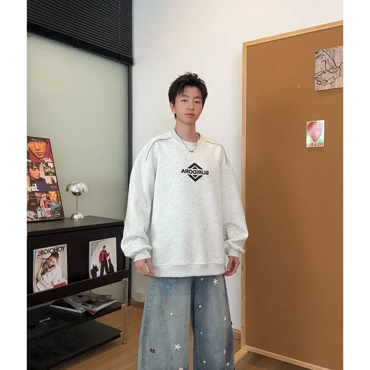 重磅420G圆领卫衣男生秋季套头情侣拉链拼接长袖美式宽松潮牌衣服