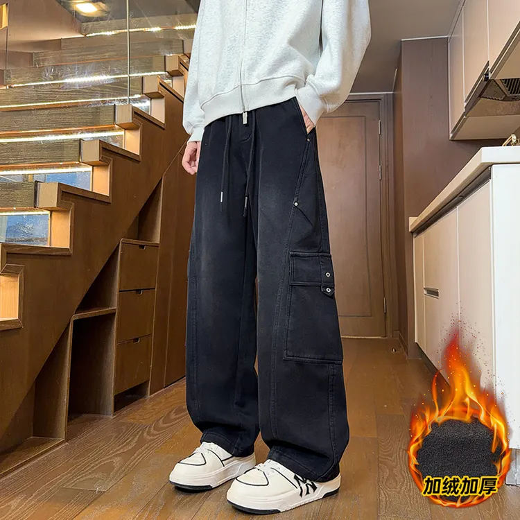 重磅男生冬季加绒加厚水洗工装裤青少年学生潮流帅气休闲男弯刀裤