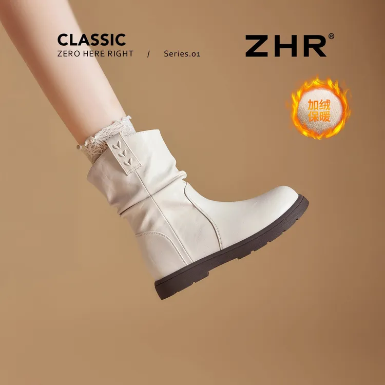 ZHR/则则白色短靴女2025秋冬新款加绒瘦瘦靴软底堆堆靴百搭马丁靴