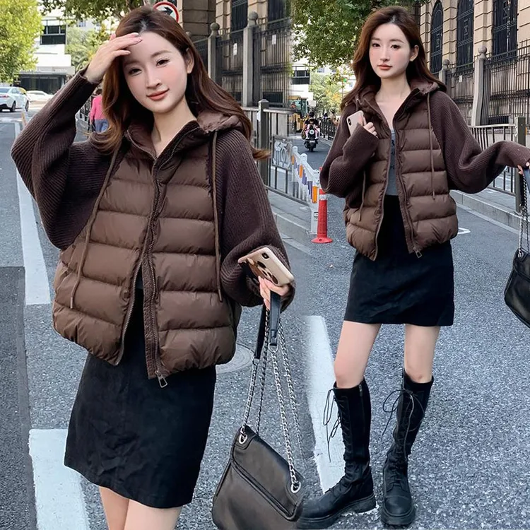 时尚针织拼接连帽棉服2025冬季新款简约保暖棉袄女外穿外套潮洋气