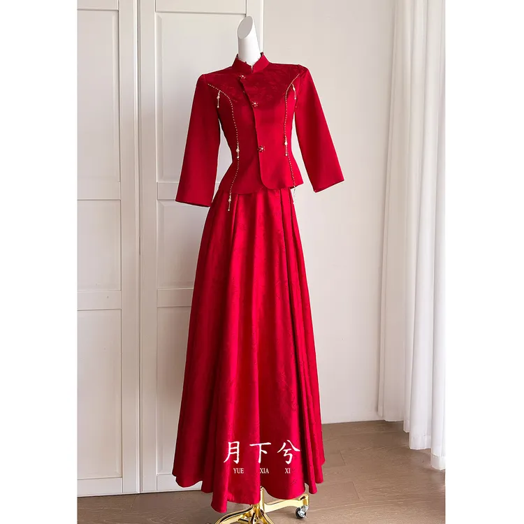 【月下兮-倚画楼】长袖常规袖高腰单肩款单旗袍礼服长裙新娘晚礼服