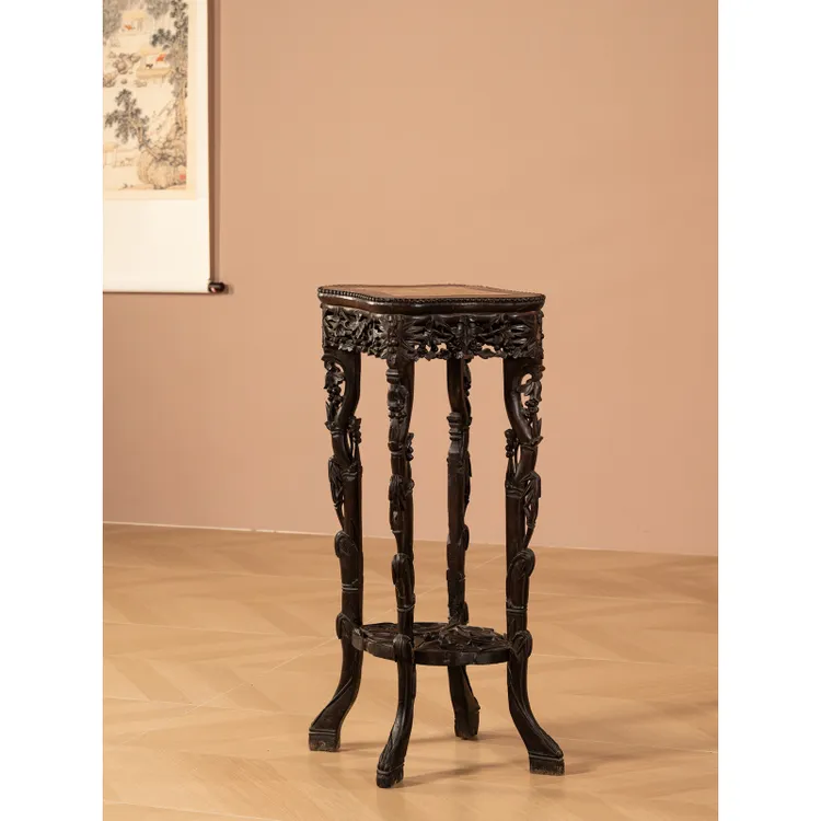 清红木镶云石透雕葡萄竹枝纹四足香几古董收藏