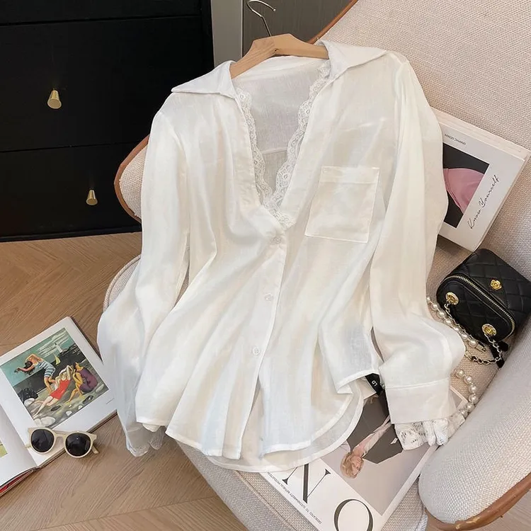 高级感蕾丝休闲衬衫女春夏季新款白色纯欲防晒衣空调衫长袖短上衣