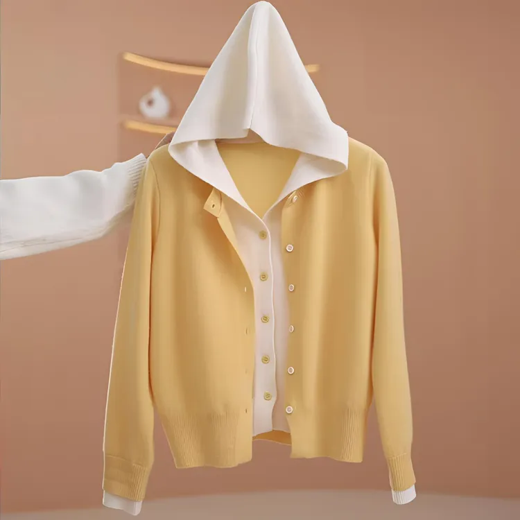 假两件连帽撞色毛衣针织衫女开衫休闲外穿减龄秋冬内搭上衣99339