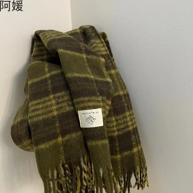 浩哥好物绿色格子围巾秋冬保暖韩版新款圈圈纱仿羊绒加厚围巾女