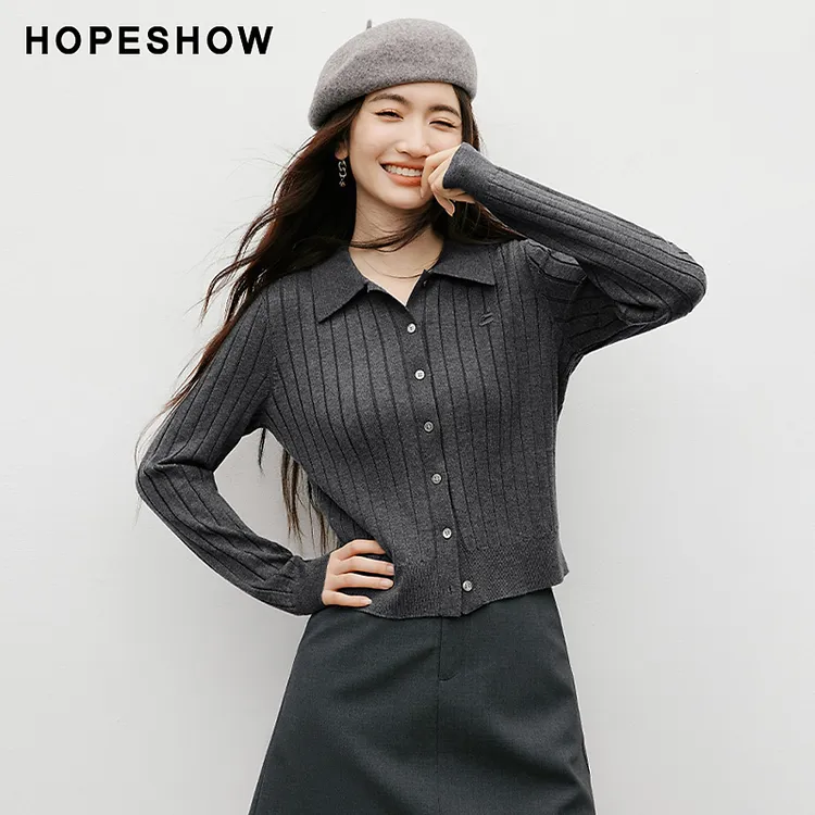 红袖2025冬季女装 MIU系竖坑条刺绣正肩翻领针织开衫90125330106