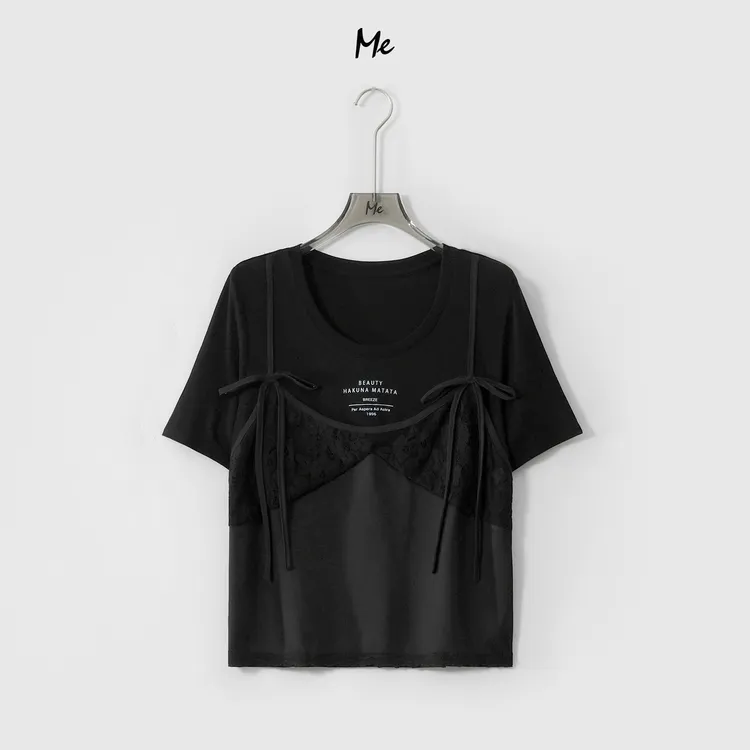 ME【醋酸黑芭蕾T】天丝醋酸混纺蕾丝拼接显瘦时尚百搭T恤MESS5781