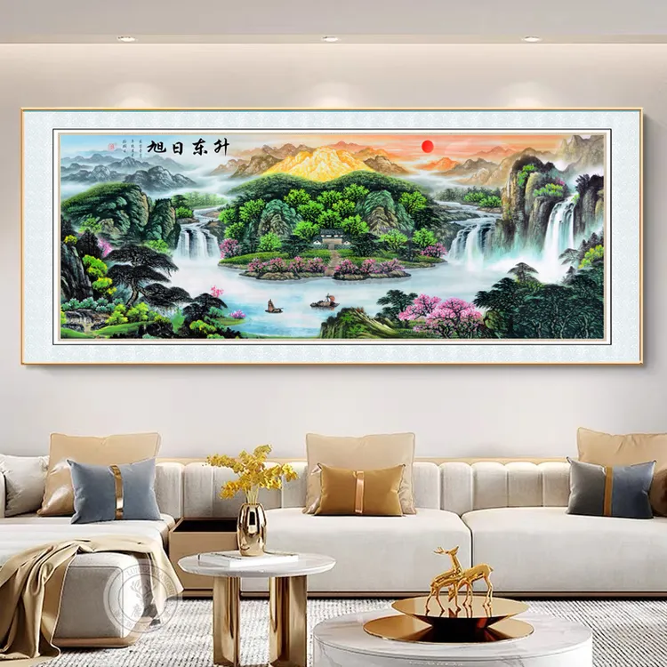 中式春山聚宝山山水横画客厅书房沙发背景墙镶钻晶瓷装饰画