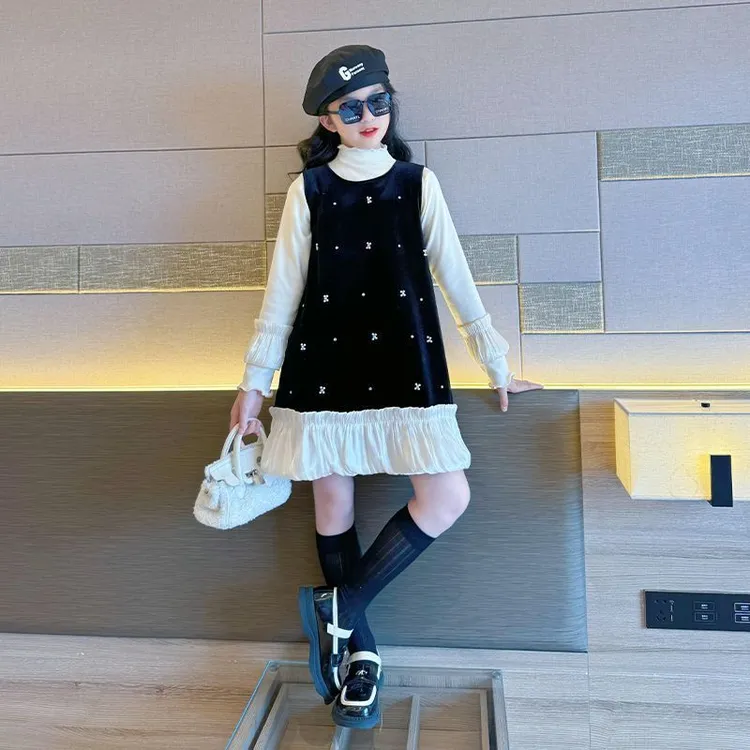 女童连衣裙套装2025秋冬儿童裙子洋气花边打底衫背心裙韩版两件套