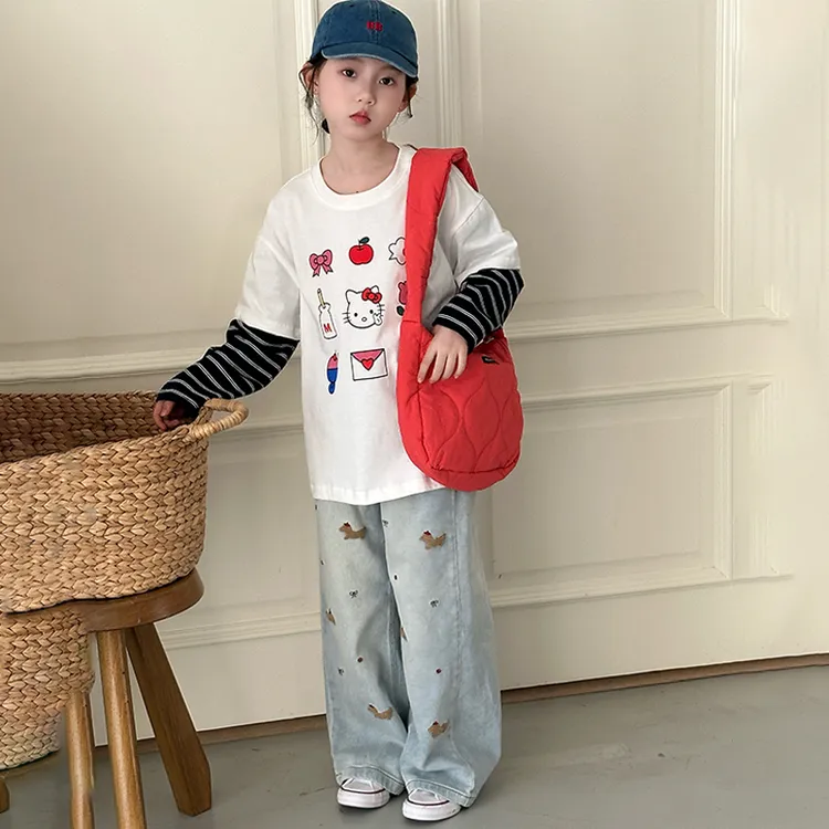 女童HelloKittyT恤春秋2025新款儿童假两件衣服女孩大童拼色卫衣