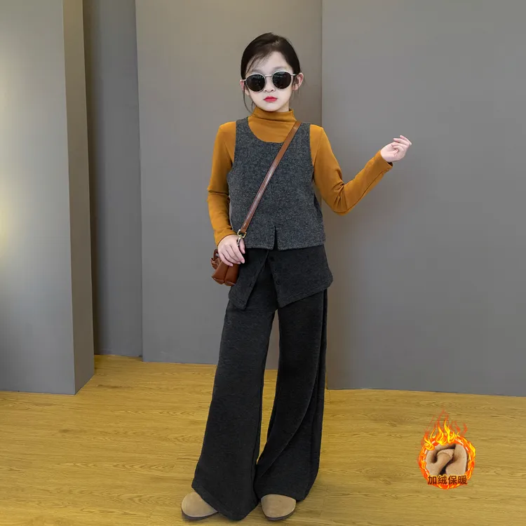 女童2025新款儿童秋冬季韩版时尚超好看甜美打底加绒阔腿裤套装潮