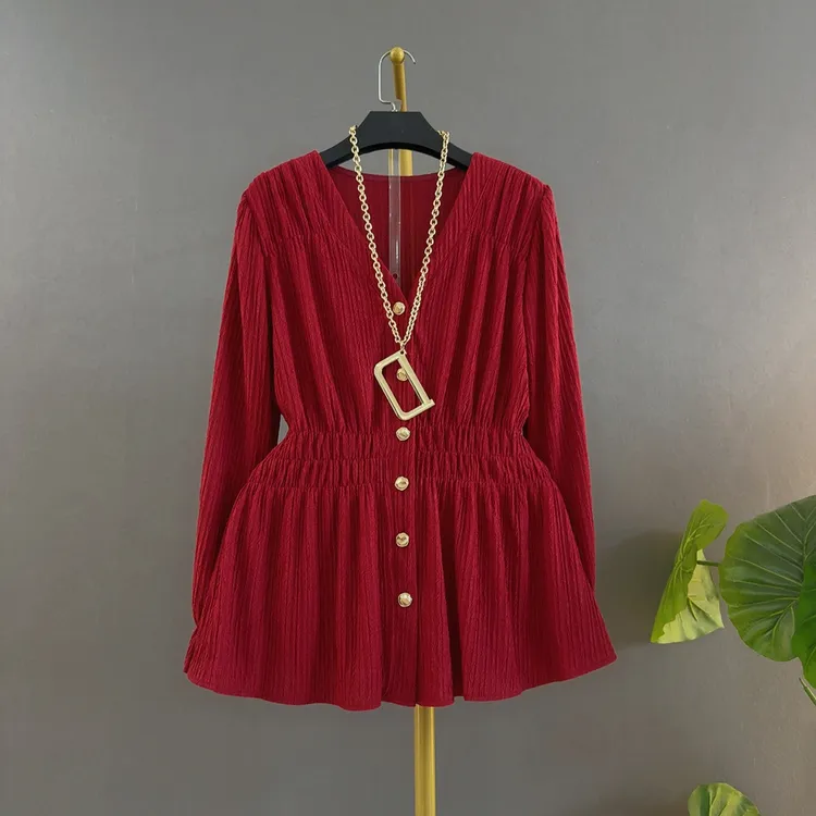 V领长袖常规厚款修身型松紧腰大码衬衫褶皱常规款灯芯绒打底衬衫