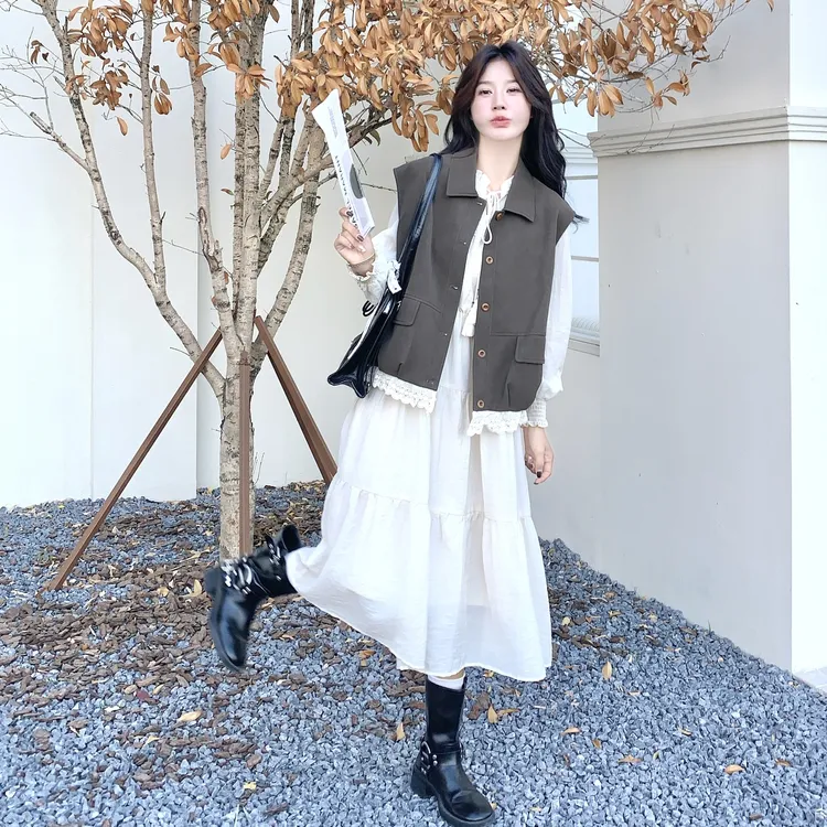 氛围感蕾丝拼接马甲长袖连衣裙套装女秋2025新款一整套穿搭两件套