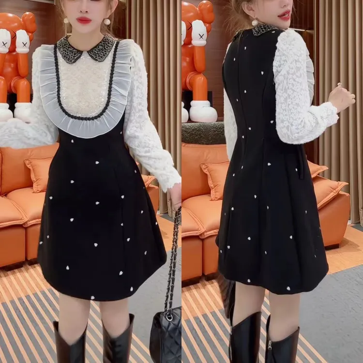 法式拼接中长裙高腰冬季立领小香风时尚连衣裙