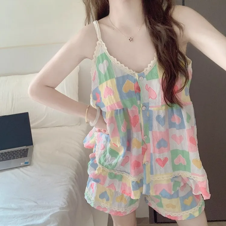 带胸垫睡衣女夏季新款云朵棉高级感多巴胺爱心吊带短裤家居服套装