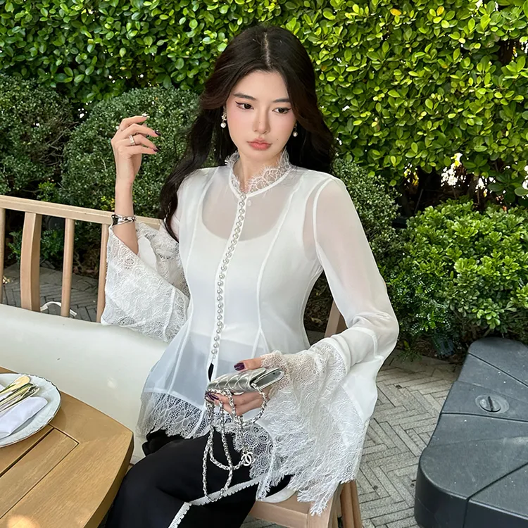 JUNE ELEVEN法式蕾丝立领轻纱衬衫女 精致温柔气质上衣