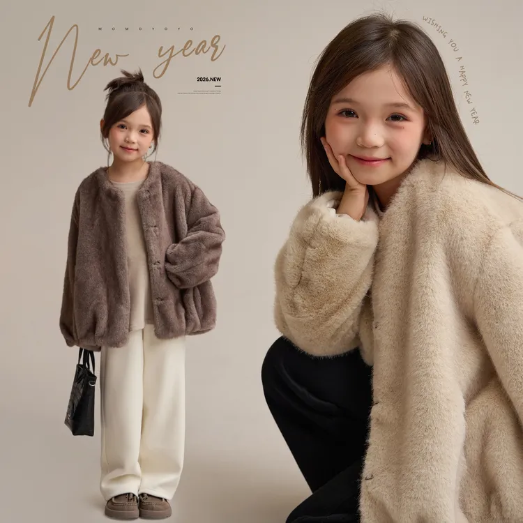 辰辰妈【漫时光】女童皮毛一体外套单排扣保暖亲子装上衣汉服9434D