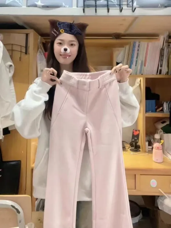 2025新款粉色高腰休闲裤女春秋冬宽松阔腿微喇休闲百搭加绒长裤潮