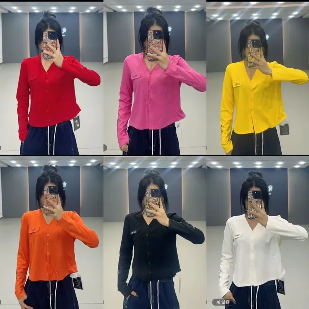 秋季V领休闲风长袖女短外套修身运动网红开衫9597