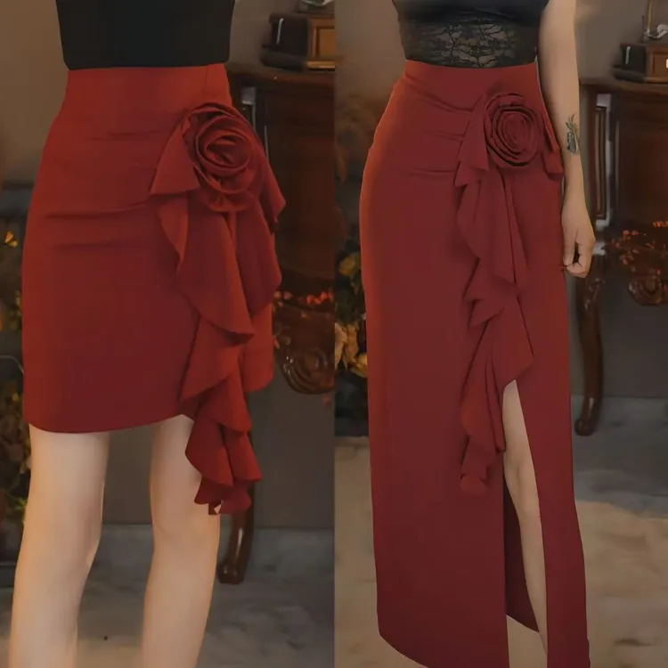 吴七979夏季薄款开叉花朵半身裙后拉链时尚百搭修身显瘦气质女