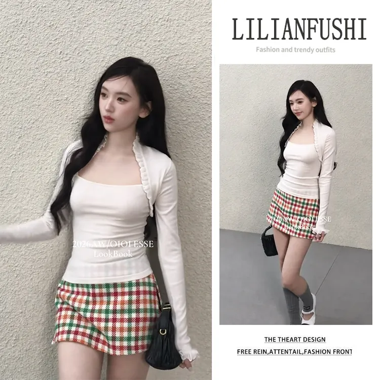 韩系穿搭2026秋冬新款设计感修身假两件长袖上衣格纹短裙两件套女