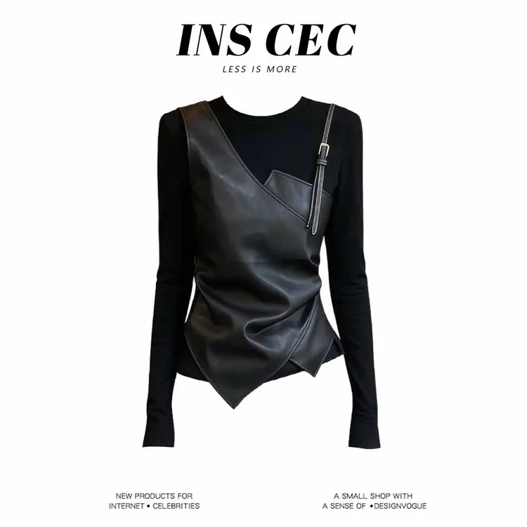 INS CEC小众设计拼接假两件设计长袖T恤女秋冬显瘦时尚打底衫上衣