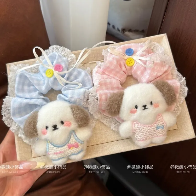 韩系ins风可爱小狗蕾丝花边蝴蝶结大肠发圈甜美发饰少女马尾头绳