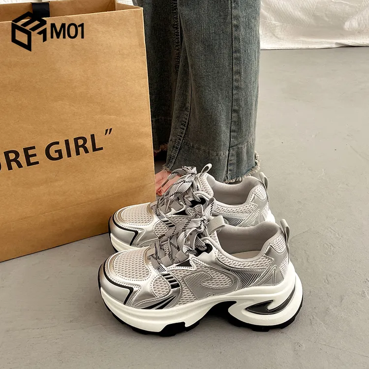 M01百搭厚底老爹鞋女小个子增高2025新款春秋炸街银色运动休闲鞋
